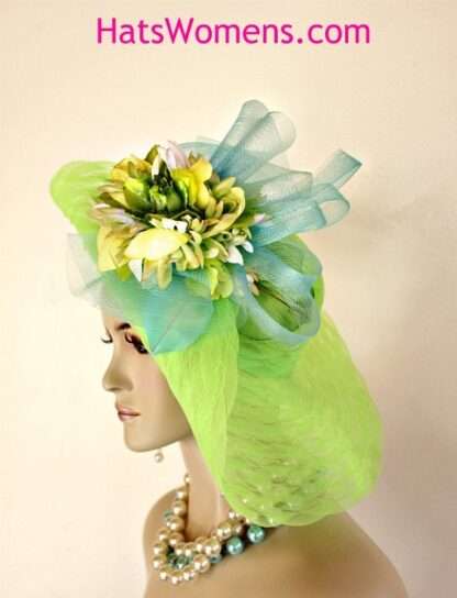 Couture Women's Hat Lime Green Yellow Aqua Blue For Wedding Church Dress Royal Ascot, Melbourne Cup Hats, Kentucky Derby Hats Fl2