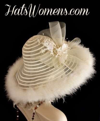 Ivory Sheer Designer Wedding Hat Feathers Silk Flowers Wide Brim Hats - Image 2