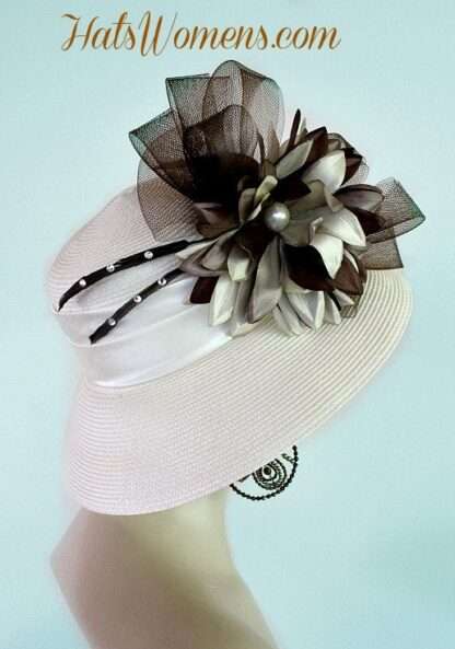 Ivory Beige Brown Formal Lampshade Wide Brim Special Occasion Wedding Hat, Races Bridal Dress Hats - Image 2