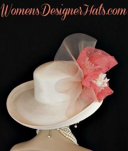 Ladies Wide Brim Ivory Coral Designer Kentucky Derby Hat Flowers Af32 - Image 4