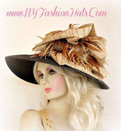 Ladies Brown Tan Beige Leopard Tiger Feather Designer Hat T445 Hats