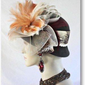 Brown Winter Wool Designer Fashion Hat Copper Beige Ivory Feathers, Snake Print Custom Hats Millinery 8213