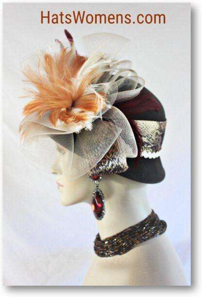 Brown Winter Wool Designer Fashion Hat Copper Beige Ivory Feathers, Snake Print Custom Hats Millinery 8213