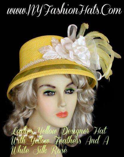 Hats Women's Yellow Dress Hat With A White Silk Rose, Ny Fashion Hats