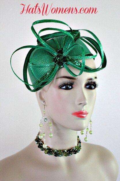 Ladies Kelly Green Cocktail Hat Wedding Pillbox Cloche Formal Couture Bridal Hats