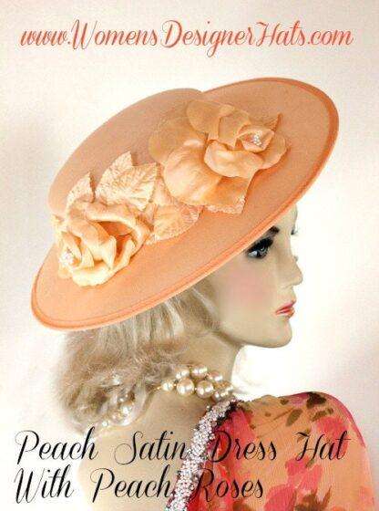 Ladies Formal Designer Peach Satin Dress Hat Flowers Wedding Hats Uyg1