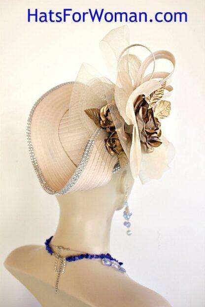 Couture Sculptured Statement Hat Wedding Ivory Beige Metallic Gold, Formal Church Dress Designer Hats 9b6 - Image 3