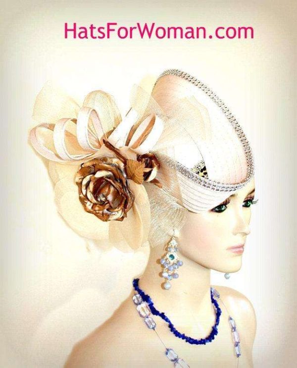 Couture Sculptured Statement Hat Wedding Ivory Beige Metallic Gold, Formal Church Dress Designer Hats 9b6