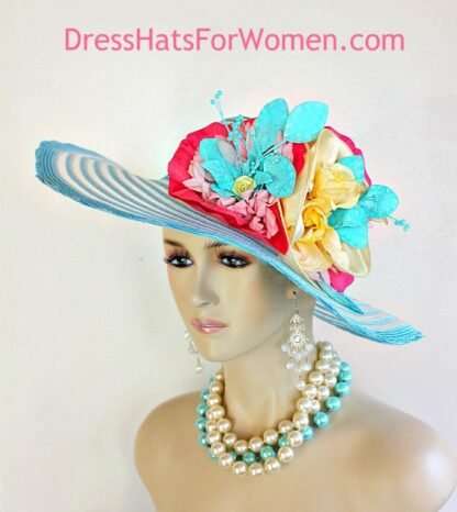 Kentucky Derby Hats For Women, Turquoise Blue White Yellow Pink Designer Statement Wedding Church Hat 30h