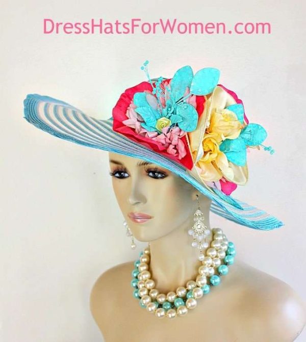 Kentucky Derby Hats For Women, Turquoise Blue White Yellow Pink Designer Statement Wedding Church Hat 30h