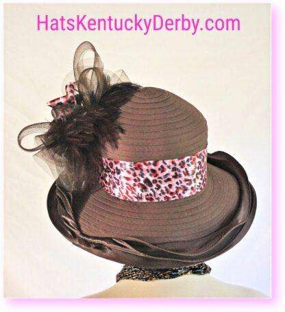 Women's Statement Brown Pink Satin Feathered Couture Designer Hat, Cheetah Animal Print Hat, Church Wedding Wide Brim Hats, NYFashionHats - Image 3