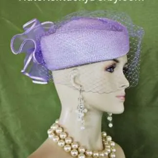 Women's Soft Purple Lavender Pillbox Formal Wedding Hat With A Birdcage Veil, Bespoke Designer Mother Of The Bride Millinery Headwear
