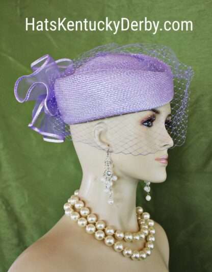 Women's Soft Purple Lavender Pillbox Formal Wedding Hat With A Birdcage Veil, Bespoke Designer Mother Of The Bride Millinery Headwear