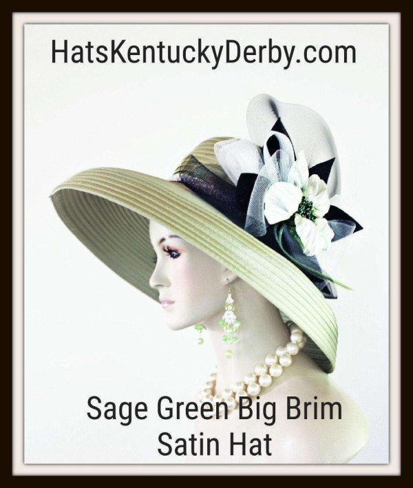 Haute Couture Winter Spring Luxury Hat, Olive Green Big Large Brim Satin Wedding Bridal Hat, White Black Formal Church Hat, NYFashionHats
