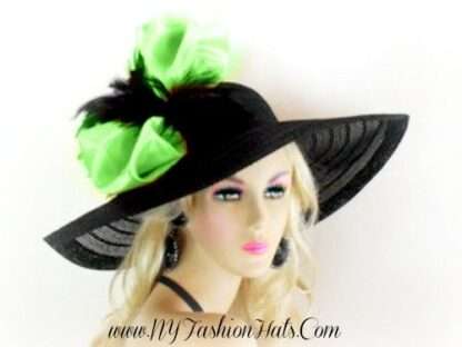 Couture Designer Black Lime Green Hats For Women, Custom Wide Brim Statement Hats, Hats For Weddings Races Formals, NYFashionHats Millinery