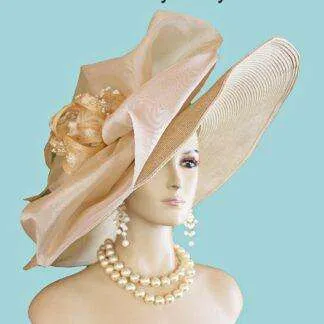 Women's Couture Designer Wedding Bridal Hat, Big Large Wide Brim Hat, Hats For Horse Races Derby, NYFashionHats Custom Millinery Pearl