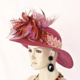 Couture Designer Statement Feather Dress Hat, Mauve Violet Pink Lavender Purple Winter Hats, Wedding Formals Church Horse Racing Millinery