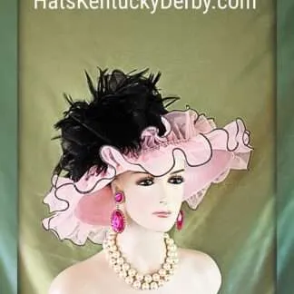 Couture Kentucky Derby Statement Hat, Pink Black Ruffled Edge Feathered Wedding Church Dress Headpiece, Hats Millinery For Horse Races Jenna