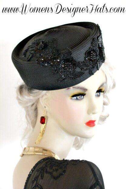 Black Sequin Beaded Couture Pillbox Fashion Dress Wedding Hat Church Hats M290