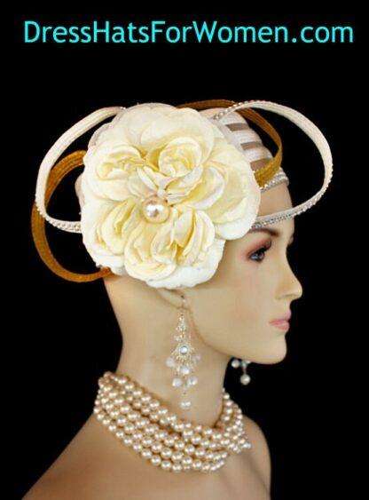 Women's Ivory Metallic Gold Pillbox Cocktail Wedding Hat, Flapper 1920's Couture Bridal Church Hats Millinery - Image 2