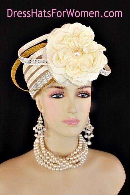 Women's Ivory Metallic Gold Pillbox Cocktail Wedding Hat, Flapper 1920's Couture Bridal Church Hats Millinery