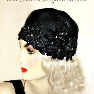 Black Satin Designer Cloche 1920s Sequin Beaded Rhinestone Flapper Hat Cocktail Pillbox Hats For Women U771
