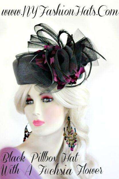 Ladies Black Dressy Designer Pillbox Hat With Fuchsia Flowers Hats