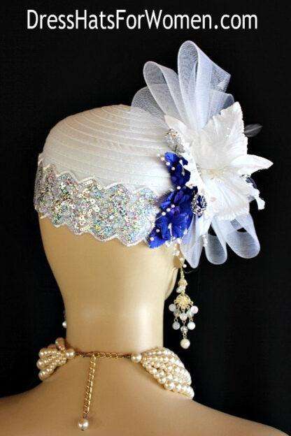 White Silver Royal Blue Satin Rhinestone Cloche Pillbox Cocktail Hat Flapper 1920's Art Deco, Wedding Church Designer Kentucky Derby Hats - Image 2