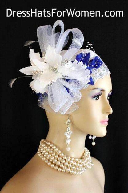 White Silver Royal Blue Satin Rhinestone Cloche Pillbox Cocktail Hat Flapper 1920's Art Deco, Wedding Church Designer Kentucky Derby Hats