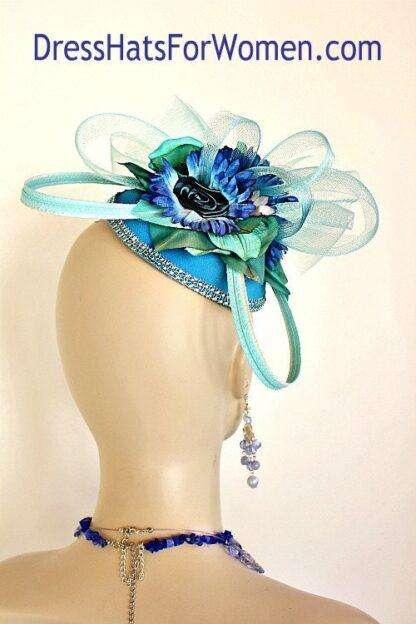 Kentucky Derby Hats Sinamay Straw Blue Green Pillbox Fascinator Hat, Designer Wedding Church Bridal Headpiece Hb7 - Image 3