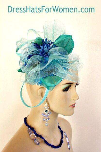 Kentucky Derby Hats Sinamay Straw Blue Green Pillbox Fascinator Hat, Designer Wedding Church Bridal Headpiece Hb7 - Image 2