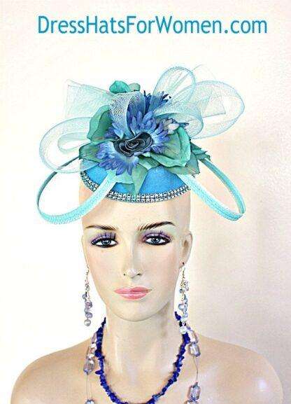 Kentucky Derby Hats Sinamay Straw Blue Green Pillbox Fascinator Hat, Designer Wedding Church Bridal Headpiece Hb7