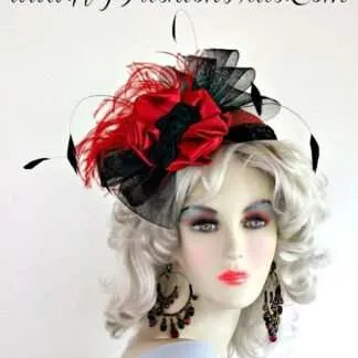 Couture Designer Red Black Straw Braid Satin Hat, Pillbox Cocktail Hat For Women, Temple Church Wedding Hat, NYFashionHats Millinery, Stina