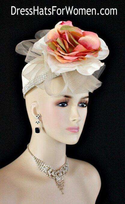 Women's Designer Ivory Coral Peach Beige Pillbox Cocktail Hat Wedding Fascinator Hats Qvy