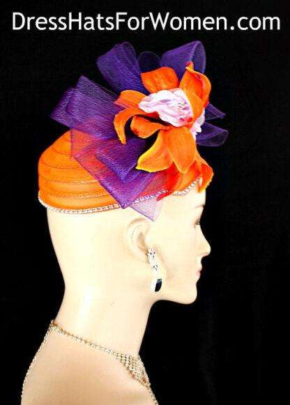 Women's Orange Lavender Purple Pillbox Hat, Cocktail Wedding Hat Fascinator, Kentucky Derby Hat, Hats For Horse Races, Spring Color Hat Y67D - Image 2