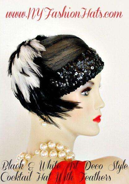 Ladies Black White Flapper Deco Feather Cocktail Pillbox Hat, Ny Fashion Hats - Image 2