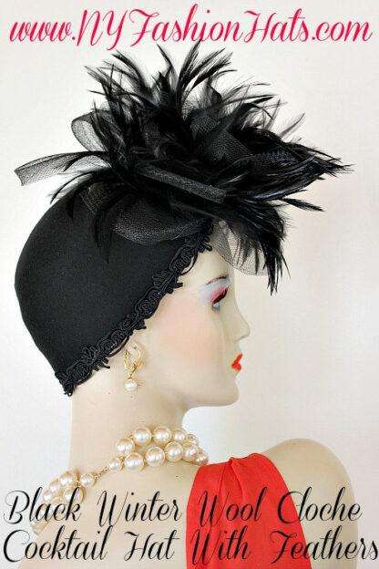 Women's Black Winter Wool Feathered Cloche Cocktail Hat Pillbox Hats Dress Designer Weddngs 7qp0 - Image 5