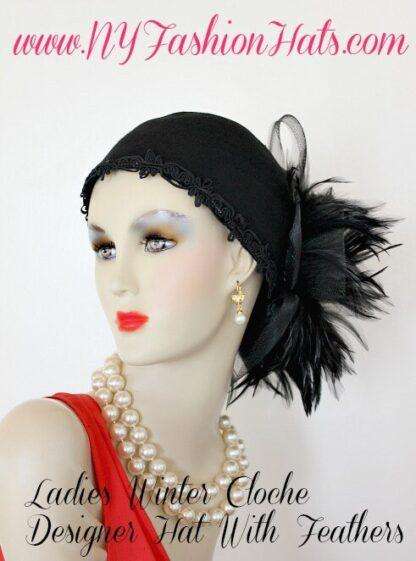 Women's Black Winter Wool Feathered Cloche Cocktail Hat Pillbox Hats Dress Designer Weddngs 7qp0 - Image 3