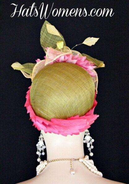 Olive Lime Green Ivory Sinamay Straw Cloche Flapper Wedding Bridal Cocktail Pillbox Hat With Hot Pink Flowers, Designer Fashion Kentucky - Image 5