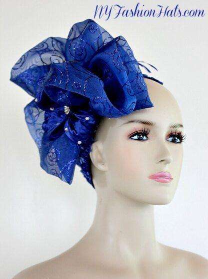 Royal Blue Big Bow Pillbox Cocktail Hat, Wedding Bridal Headpiece, Formal Church Dress Hat For Women, NYFashionHats, Couture Designer Hats - Image 3