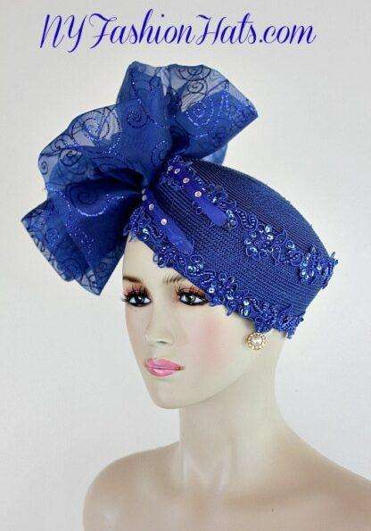 Royal Blue Big Bow Pillbox Cocktail Hat, Wedding Bridal Headpiece, Formal Church Dress Hat For Women, NYFashionHats, Couture Designer Hats - Image 2