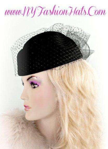 Ladies Black Designer Pillbox Winter Wool Fashion Hat With A Veil, Church Wedding Dress Hats