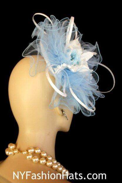 White Baby Blue Saucer Hat Wedding Fascinator, Royal Ascot, Kentucky Derby Hat Custom - Image 3