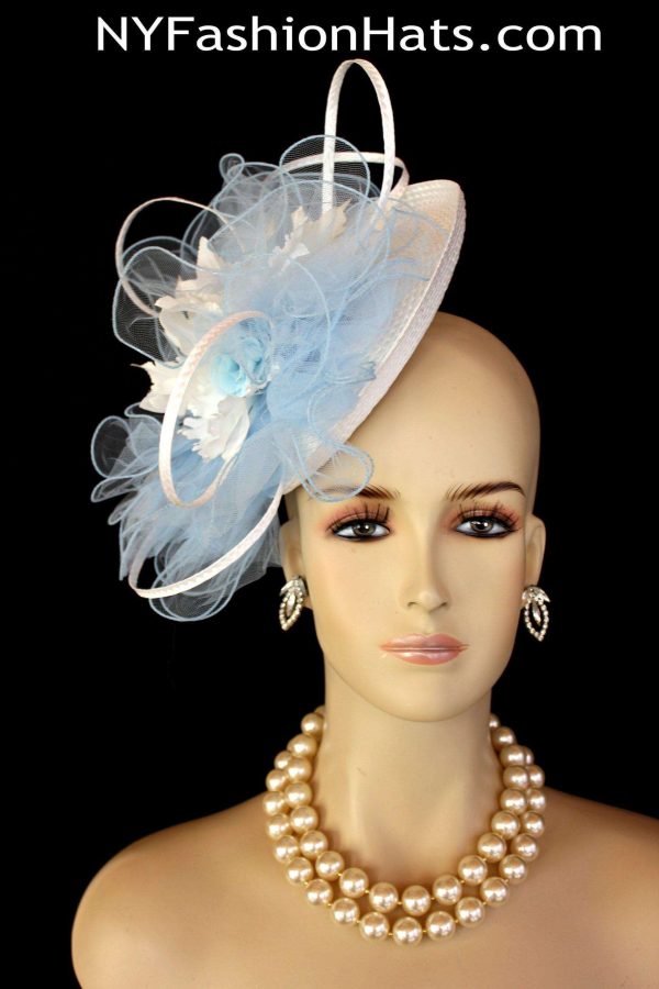 White Baby Blue Saucer Hat Wedding Fascinator, Royal Ascot, Kentucky Derby Hat Custom - Image 2