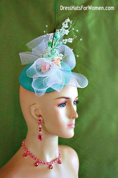 Sinamay Straw Wedding Fascinator Jade Mint Green Peach White Headpiece Cocktail Hat 39g - Image 2