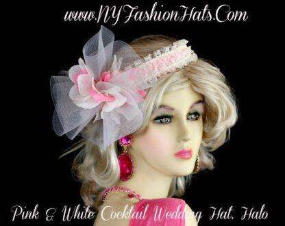 Ladies Pink White Cocktail Hat, Wedding Fascinator, Bridal Headpiece Halo 55hn