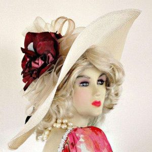Ladies Custom Straw Braid Ivory Burgundy Flower Dress Designer Hat, Derby Church Hats 44mk