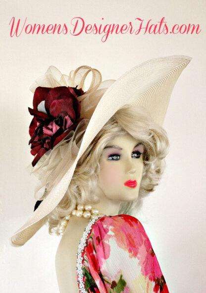 Ladies Custom Straw Braid Ivory Burgundy Flower Dress Designer Hat, Derby Church Hats 44mk