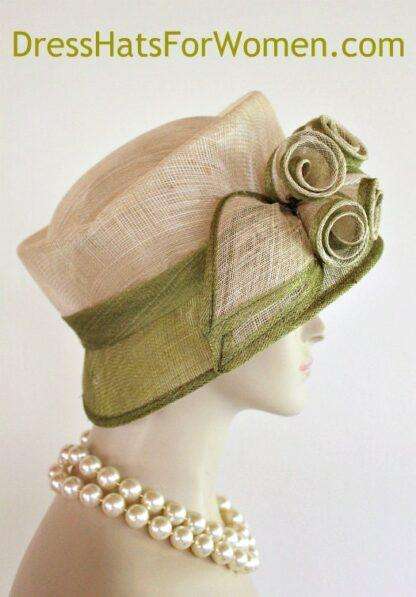 Ladies Olive Green Ivory Sinamay Straw Designer Hat Weddings Church Hats Millinery 4bn - Image 2