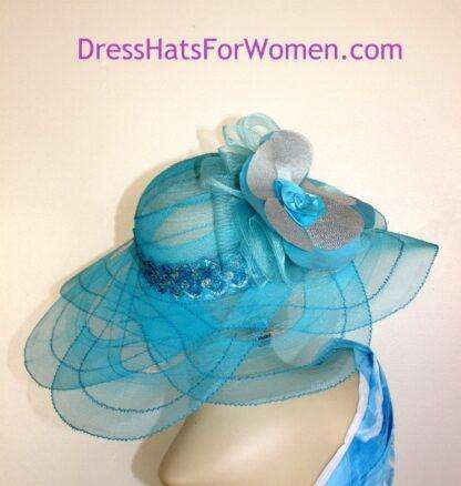 Kentucky Derby Hats, Turquoise Metallic Silver Wedding Church Women's Dress Wide Brim Custom Hat Kc3 - Image 2